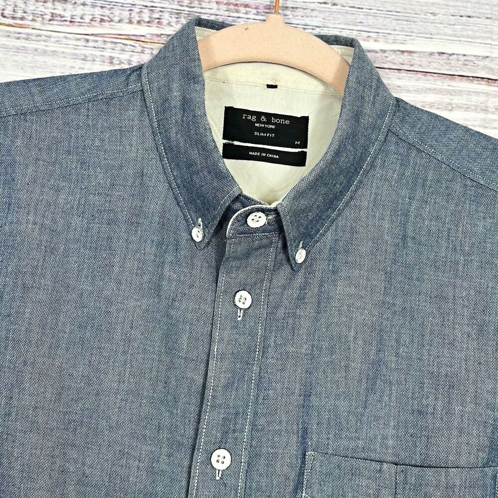 rag & bone Men’s M Slim Fit Cotton Cupro Woven Button-Up Shirt Chambray Blue L/S